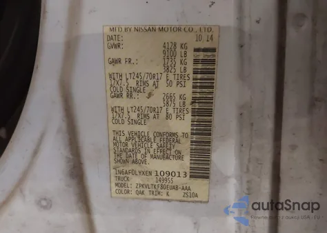 2014 Nissan Nv Sv from USA, damaged, VIN 1N6AF0LYXEN109013